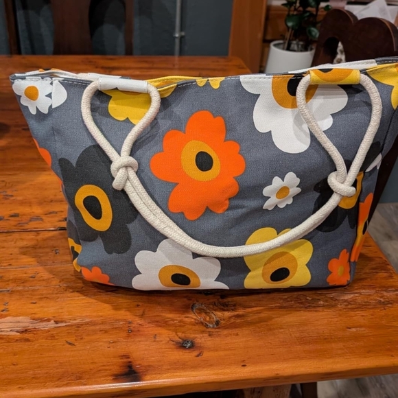Floral Canvas Tote Bag - Gray, Orange, White - Picture 1 of 9